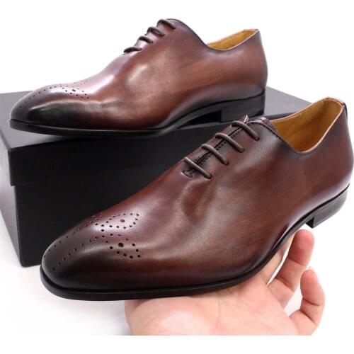 Classic Childrens Dress Shoes Genuine Leather Oxford Laces Up Brogue Print Party Shoes for Primary School Boys Size 26 to 38