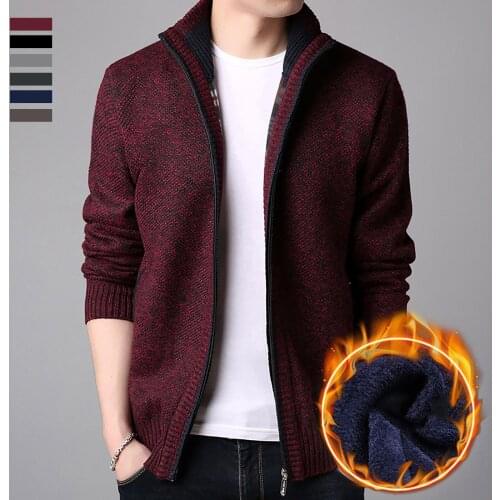 Black Wine Red Men Winter Thick Knitted Sweater Coat Long Sleeve Stand Collar Zipper Jacket Keep Warm Outdoor Office Wear M-3XL