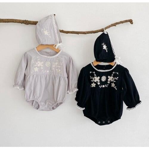 Newborn Baby Clothes Toddler Girls Long Sleeve Bodysuits Spring Autumn Infant Baby Girls Embroidered Lace Jumpsuitst+Hat 2Pcs