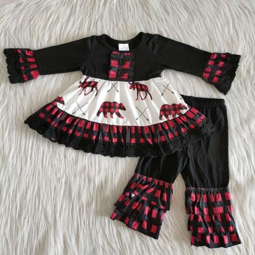 Fashion Christmas Day Outfits Boutique kids Clothing Sets Toddler Girl Deer Long Sleeve Dress Black Ruffles Pants