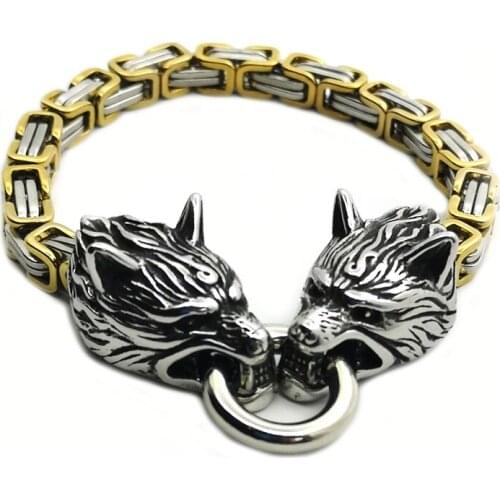 Men Stainless Steel Wolf Head Bracelet Nordic Viking Wolf Totem Amulet Bracelet Men Fashion Accessories Viking King Chain