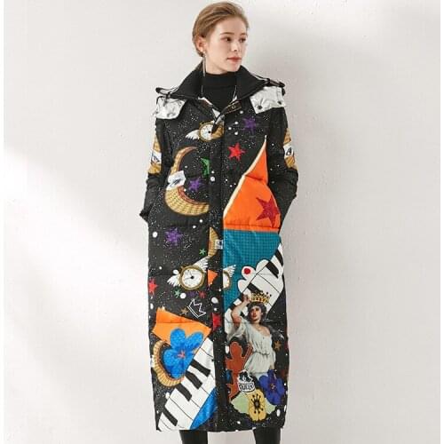 Flower print 2019 new winter jacket women down jackets coats hooded thickening outerwear sky printing long down parka womens