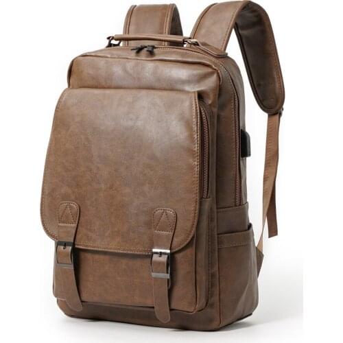 Men Vintage Pu Leather Laptop Backpack Bag Large Capacity USB Charging Travel Backbag Retro Casual Schoolbag for Students 2021
