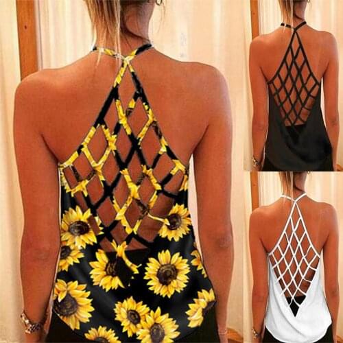 Sexy Women Backless Sleeveless Shirt Summer Night Out Club Party Hollow Out Halter Strappy Tank Tops Femme Print Black Vest Cami