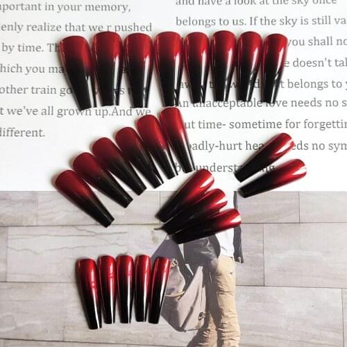 24pcs Black Red Gradient and Long Ballerina Nails Detachable False Nail Tips with Glue Press on Nails Art Fake Nails