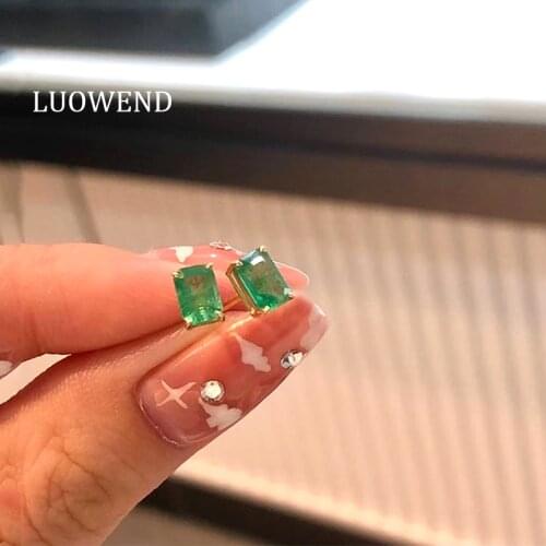 LUOWEND Real 18K Solid Yellow Gold Stud Earrings Female Emerald Earring Engagement Party Jewelry Design Anniversary