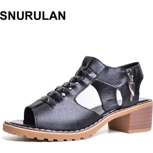 SNURULAN Vintage Elegant Womens Sandals Summer Style Peep Toe Cross Tied Side Zip Design Mid Square Heel Shoes Woman
