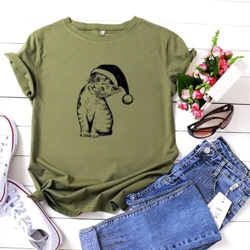 Summer Cotton Women T Shirt 5XL Plus Size Christmas Cat Print Short Sleeve Graphic Tee Top Casual O-Neck Female Oversized TShirt