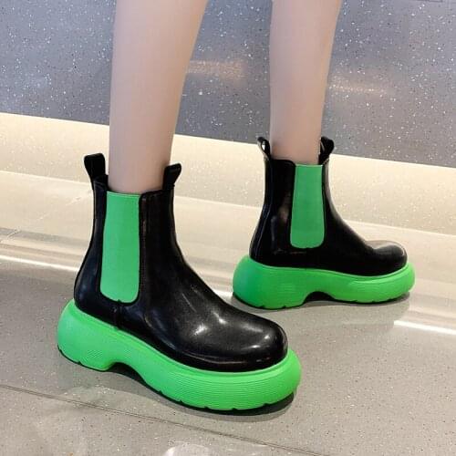 2021 Ankle Boots for Women Chunky Heels Shoes Genuine Pu Leather Round Toe Platform Boots Women Brand Casual Shoes Woman Boot