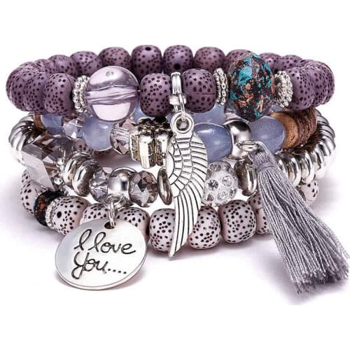 Natural Stone Beads Bracelets For Women Wing Tassel Charm Bracelets & Bangles Set Boho Vintage Jewelry Pulseras Mujer