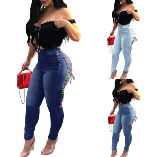 Women Slim Skinny Denim Trousers Back Colorful Bandage Drawstring Jeans High Waist Stylish Casual Wild Stretch Pencil Pants