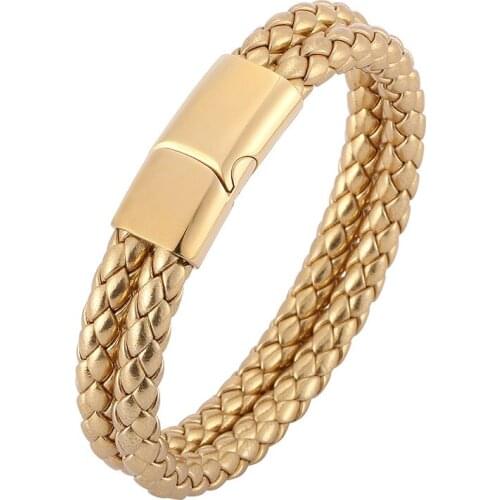 Fashion Double Layer Golden Braided Leather Bracelet Men Jewelry Stainless Steel Magnetic Clasp Women Wrist Band Bangles Gifts
