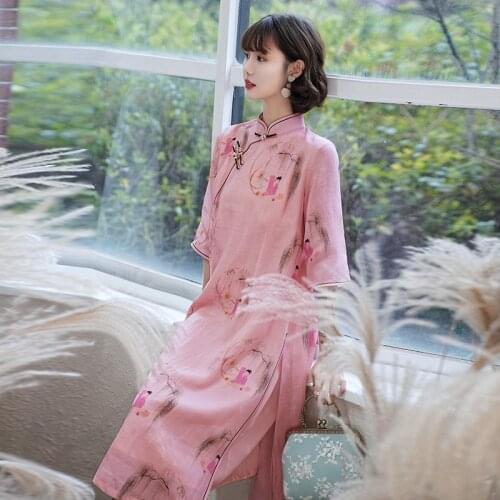 2020 New Original Classical Ethnic Style Ramie Printed Cheongsam Dress Literary Wild Girl Cheongsam Women Long Qipao Dress