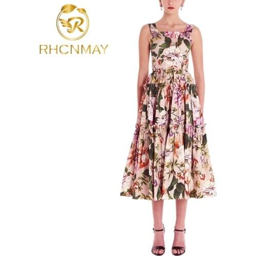 Runway Fashion Summer Floral Print Spaghetti Strap Dress Womens Sexy Backless Ruffles Petal Buttons Vintage Midi Dresses
