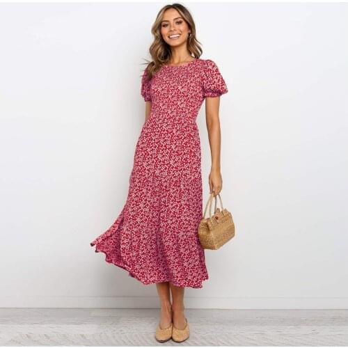 2020 Bohemian O Neck Lantern Sleeve Floral Empire Patchwork Women Dresses flowers Print Spring Mid Calf Short Sleeve Lady Dress