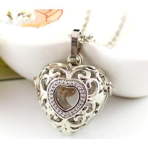 1X Heart Filigree Hollow Cage Locket Pendant with glass ball Memory Locket Pendant Cremation Jewelry Fillable Jewelry women gift
