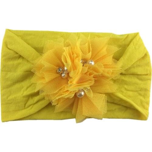 20pcs/lot Hotsale Wide Elastic Nylon Headband with 3pcs Mesh pearl flower for kids Girl Lovely Headwear 14Colors