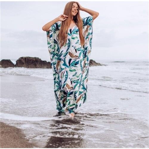 2020 Bikini Cover-ups Loose Bohemian Printed V-neck Summer Beach Dress Chiffon Tunic Women Beachwear Kaftan Swimsuit Cover Up