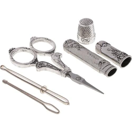 5 Pieces European Vintage Sewing Kit with Scissor Thimble Needle Case Threaders