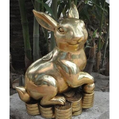 9"Lucky Chinese Fengshui Brass Wealth money Coin Auspicious zodiac rabbit Statue