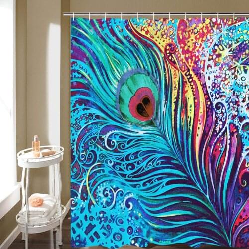 Watercolor Feather Psychedelic Bathroom Shower Curtain with 12 Hooks