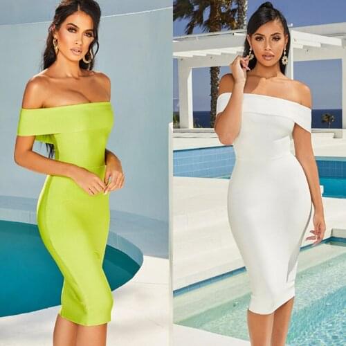 Free shipping 2020 new green and white sexy tight one-piece shoulder and knee fashion rayon bandage evening party dress