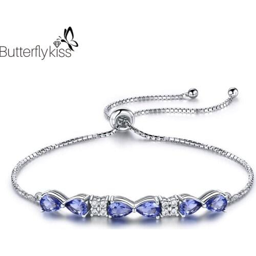 BK Real 925 Sterling Silver Sapphire Adjustable Bracelets For Women Girl Bow Knot Blue Purple Gemstone Promise Female Gifts
