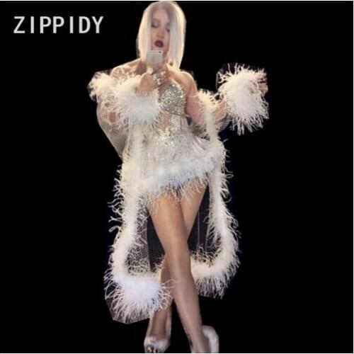 Glisten Rhinestones White Feather Dress Birthday Celebrate Dress Nightclub Party Singer Costume Dance Show 2 Piece Outfit
