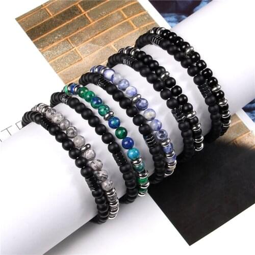 2Pcs/Set 6MM Beaded Bracelets For Women Men Couples Distance Black Onyx Red Wood Natural Stone Hematite Spacer Fashion Bracelet