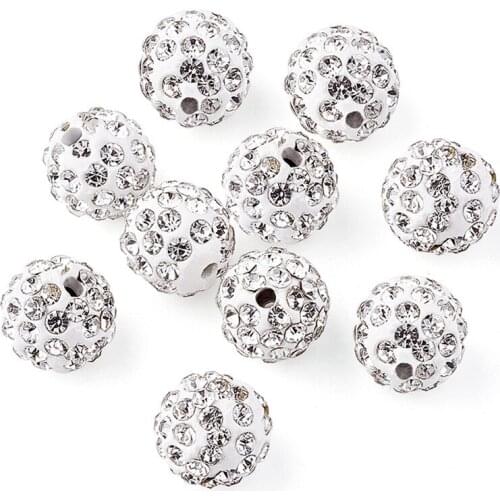 Pave Disco Ball Beads, Polymer Clay Rhinestone Beads, Round, Crystal, 10mm, Hole: 1.5mm