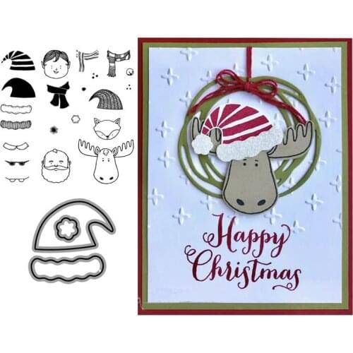 Happy Christmas Deer Hat Metal Cutting Dies and Rubber Stamps for Scrapbooking Stencil DIY Album Make Template Decor Model Craft