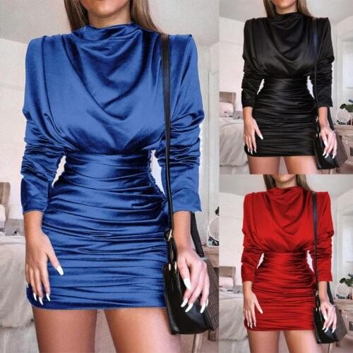 Hot Autumn Spring Women Dress Solid O-Neck Long Sleeve Lady Bodycon Club Pencil Sexy Slim Fit O-neck Mini Dress