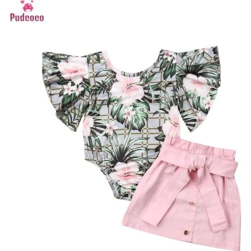 1-4 Years Summer Clothes Infant Outfits Toddler Clothes Set Baby Girl Flower Printed Short Sleeve Romper Tops + Pink Mini Skirt