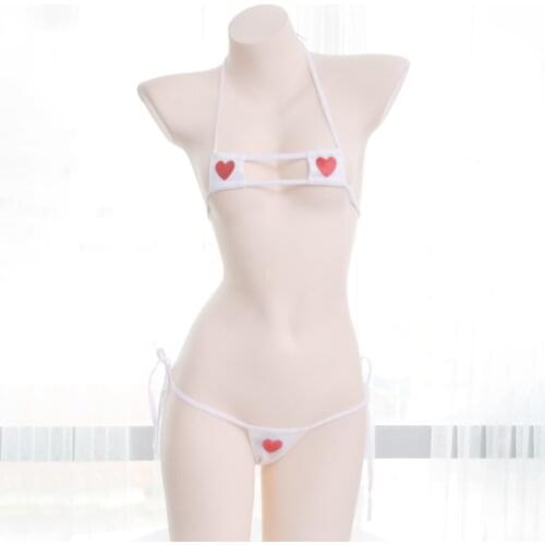 Women Halter Neck Cute Mini Sexy Three Point Bikini Strappy Lingerie Set Micro G-string and Bra Top Heart Embroidery Square Cup