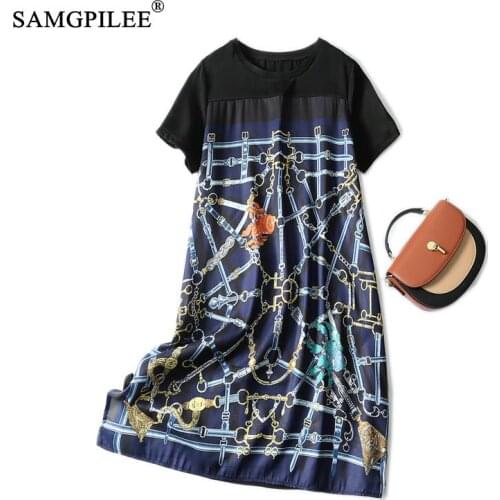 Summer Dresses 2021 New Retro European Printing Patchwork Diagram High-end A-line Short-sleeved Chiffon Dress Women Plus Size