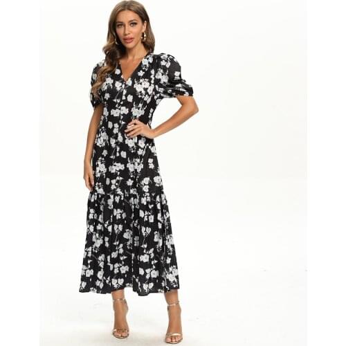 Fridayin Boho Summer Floral Printed Fabric Short Puff Sleeve Vestidos Sexy Banquet Holiday Slim Fit V-Neck Long Maxi Dress