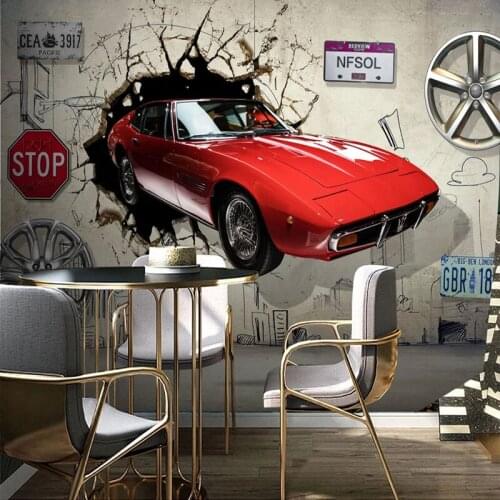 Custom Photo Wallpaper Retro Style 3D Stereo Red Car Broken Wall Space Extension Mural Restaurant Cafe Bedroom Papel De Parede