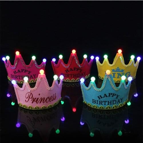 LED Light Up Birthday Hat Princess King Happy Birthday Crown Cap Headband Christmas Party Decor Headband Without Battery