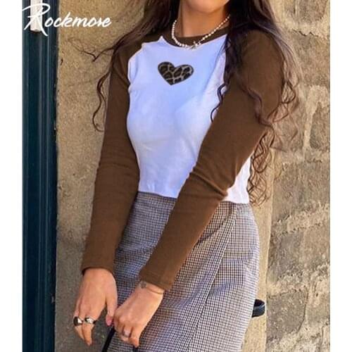 Rockmore Brown Patchwork Leopard Heart T Shirt Women Y2K Long Sleeve Cropped Casual Skinny Basic Cotton T-Shirt Autumn Tee Tops