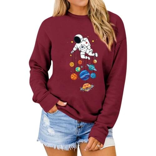 Funny Space navigation Sweatshirt Astronauts and planets Colored Graphic Sweats women fashion Casual Cotton Pullover Tops