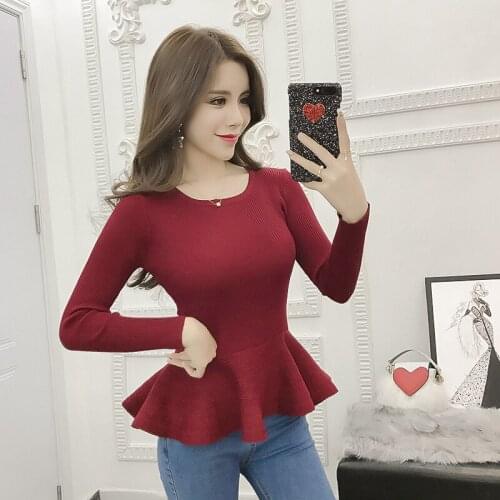 Harteen 2021 Spring Autumn Female Fashionable Long Sleeve Womens Clothing Office Lady Slim Waist Ruffles Top Femme Sweater Knit
