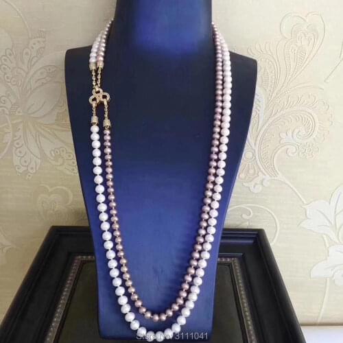 2rows freshwater pearl near round white puprle 26-28inch FPPJ wholesale beads nature colors pendant