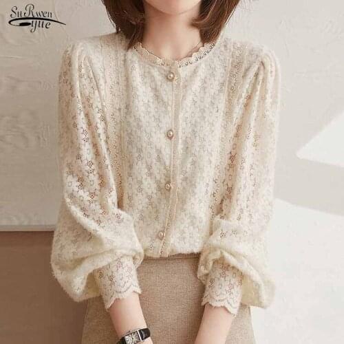 Sweet Autumn Hollow Crochet Flowers Shirt O Neck Casual Loose Petal Sleeve Women Tops French Gentle Lace Womens Blouse 16619