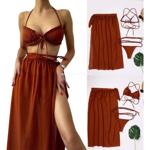 Women Sexy 3 Pieces Bikini Set Solid Color Halter Ruffled Bra Strappy Thong Swimsuit with Tie Waist Mesh Maxi Beach Skirt Drop