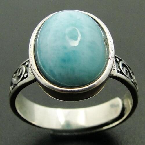 New Arrival Natural Larimar Ring 100% 925 Sterling Silver Jewelry Oval Larimar Stone Wedding Rings Women Adjustable Rings Size