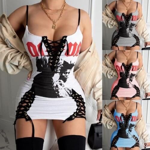 5XL Large Size Sexy Printed Slim Mini Dress For Women Bust Lace Up Side Hem Bandage Split Fashion Sling Short Dresses For Lady