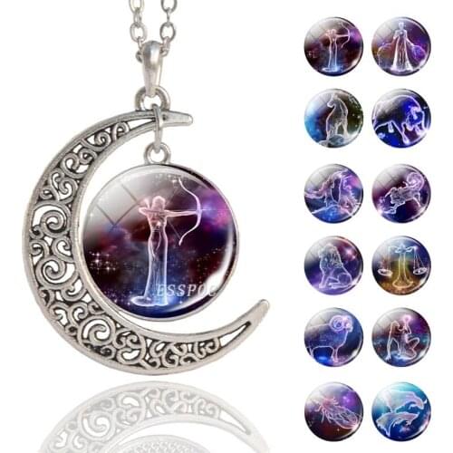 12 Constellation Glass Cabochon Pendant Necklace Crescent Moon Zodiac Sign Jewelry Chain Necklaces Women Girl Family gift