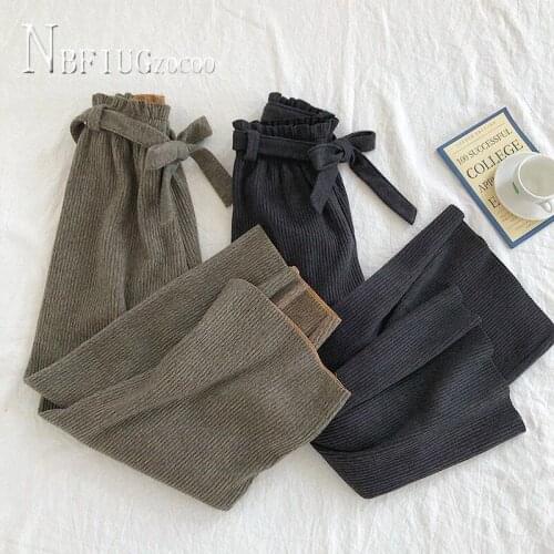 2020 Korean Wide Leg Women Woolen Pants High Waist Casual Ankle Length Female Trousers