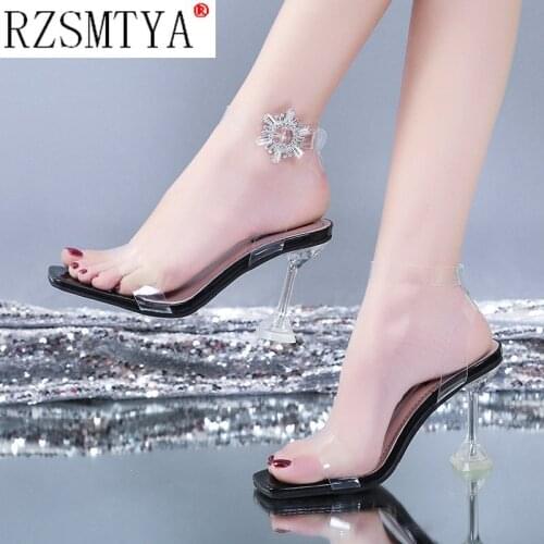 2021 Summer Fashion Rhinestone Clear PVC Transparent Sandals Women Shoes Peep Toe Spike Heels High Heels Sandals 41 42