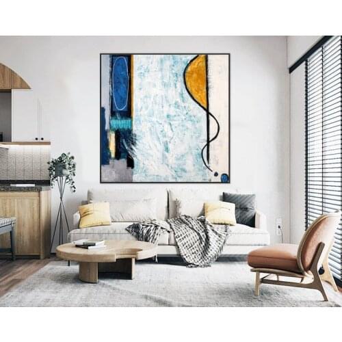 Abstract Painting Original Large Acrylic Canvas Wall Art Expressionism Yellow And Blue Modern Painting Wall Art On Canvas Pool